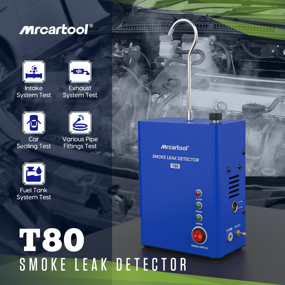 Smoke Leak Detector - MR CARTOOL 車用煙漏れ検知器 T80 自動エアポンプ燃料パイプシステム漏れ検知器 スモッグジェネレーター診断ツール